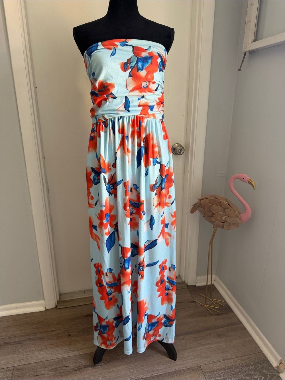 Grace Karin Light Blue Strapless Floral Maxi Dress with Red & Navy Accents